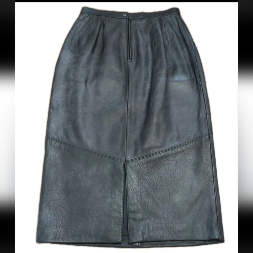 Vintage Black Leather Pencil Skirt Zipper With Snap Closure Front Slit Size 9/10